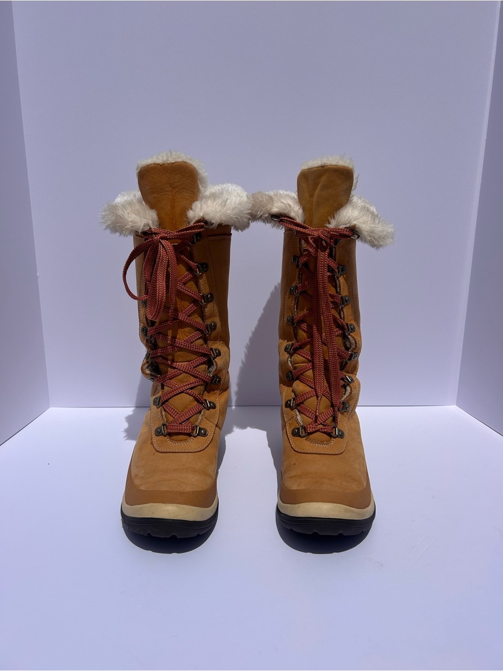 Women's Winter Lace-Up Faux Fur Trim Boots in Tan size 7.5